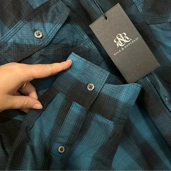 Rock & Republic Blue & Black Plaid “Western Style” Snap Down Shirt Size XL NWT - Picture 4 of 10